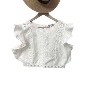 Walter Baker Crop Top Size L White Eyelet Cotton Ruffle Sleeve Boho